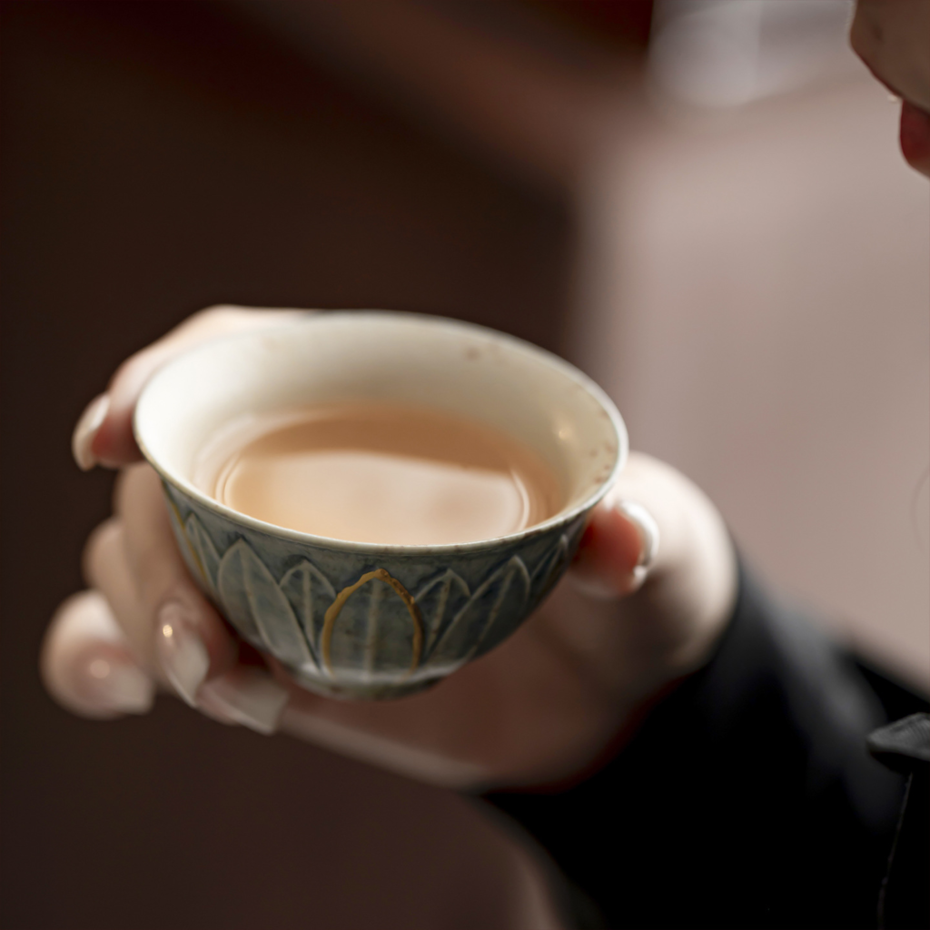 Handcrafted Lotus Petal Tea Cup with Gold Accent Lines-3